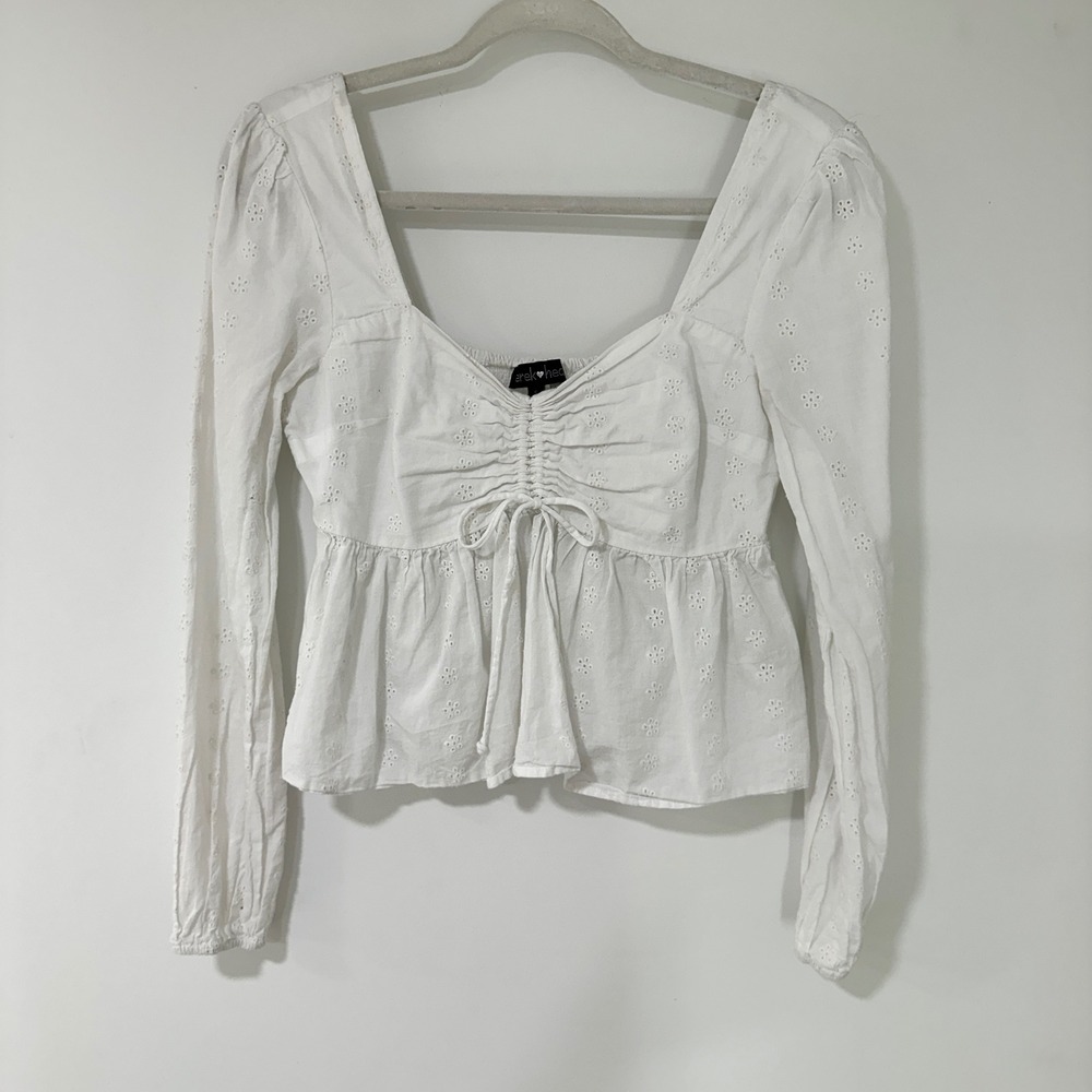 Derek Heart Eyelet Peplum Top Women S White Long Sleeve Tie Front Cottagecore
